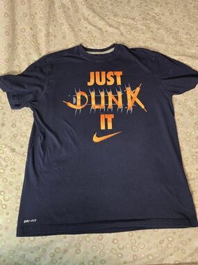 Nike Men’s Navy Blue Short Sleeve Tee with Bright Orange 'Just Dlink It' Graphic